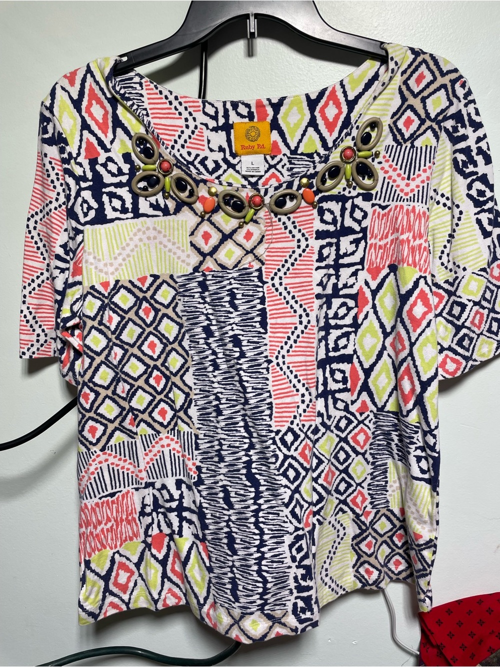 Ruby Rd. Women’s Short Sleeve Patterned Top in Navy & Coral